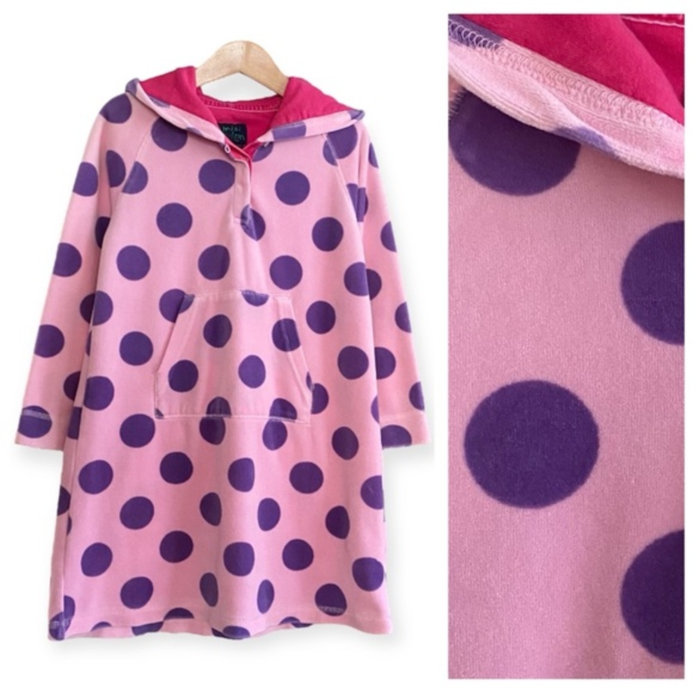 Mini Boden Pink Purple Polka Dot Velour Hooded Long Sleeve Dress 5t